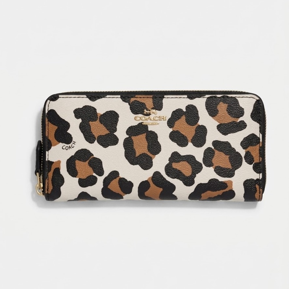 Coach Accordion Zip Wallet in Leopard Print – Cream & Brown Gold Hardware